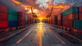 Sunset over container terminal with colorful cargo containers stacked in rows, representing global trade and logistics