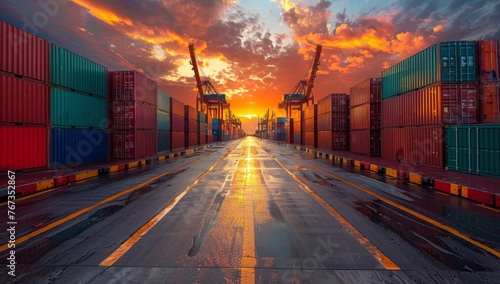 Sunset over container terminal with colorful cargo containers stacked in rows, representing global trade and logistics photo