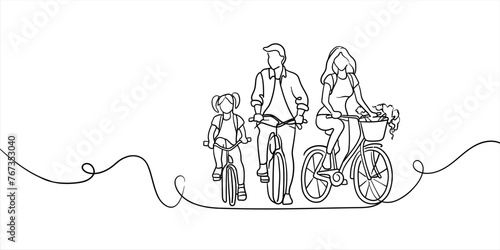 The family rides bicycles. Parents and child go for a walk continuous line art drawing isolated on white background. Father` s day. Black and white. Vector illustration