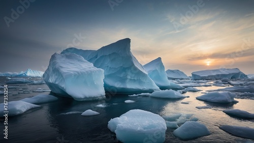 Disappearing icebergs vanishing from sight due to melting