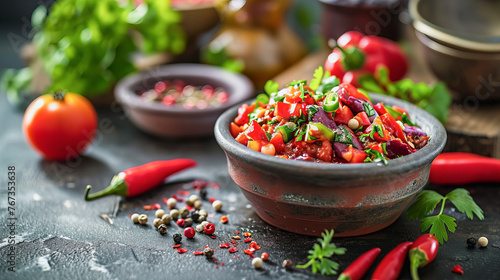 Prato de chili mexicano, uma delícia visualmente impactante, composto por uma variedade de ingredientes onde o destaque é a pimenta