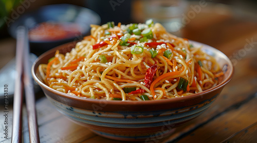 Schezwan Noodles or Vegetable Hakka Noodles or Chow photo
