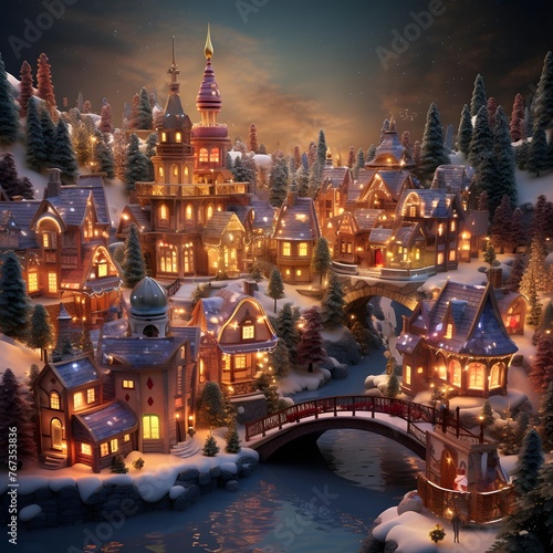 Fantasy winter landscape with small town and bridge. 3D rendering