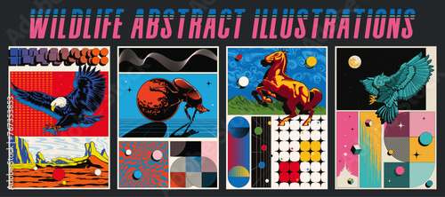 Wildlife Abstract Illustrations. Attacking Eagle, Dung Beetle, Rearing Mustang, Flying Owl. Geometric Shapes Background, 1980s Colors