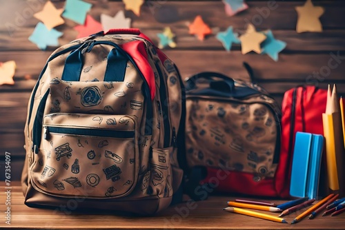 school bag on the table background blur