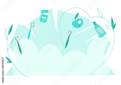 Banner background for dentistry and oral health theme. Banner design for dental care and oral hygiene with toothbrushes and hygiene accessories, flat vector illustration isolated on background.
