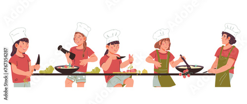 Educational cooking classes for kids that help them develop skills in the kitchen, flat vector illustration isolated on background. Classes for young aspiring chefs banner or poster template.