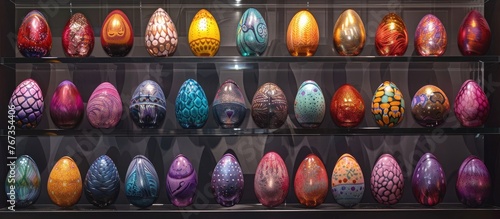 display containing Easter eggs of various colors photo