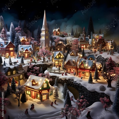 Christmas and New Year miniature village in the snow. High quality photo