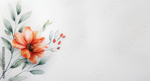 Watercolor orange flower and green leaves on a white background. Copy space. Generated AI