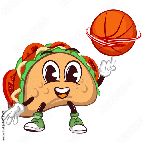 cute taco mascot character emoticon playing basketball, cute taco mascot