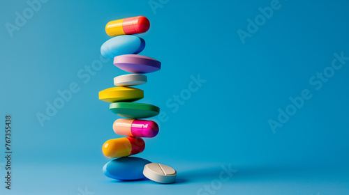 Colorful stacked pills on blue background for healthcare themes.