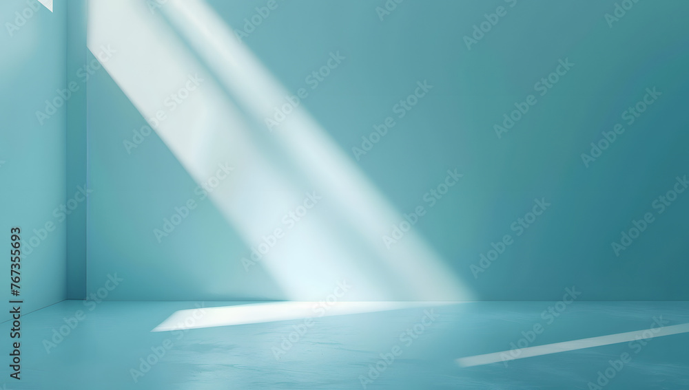 Obraz premium Minimal abstract light blue background for product presentation. Shadow and light from windows on plaster wall.