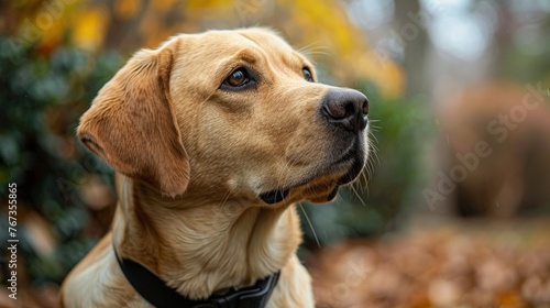 A promotional photo of a dog looking up at its handler and sitting in a concentrated position on its heels