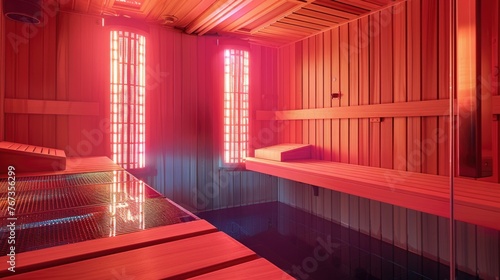 A sauna room with two benches and a window. Infrared sauna interior