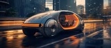 A sleek vehicle with advanced automotive lighting is cruising through the rainsoaked city streets, reflecting its surroundings in its futuristic hood and sideview mirrors