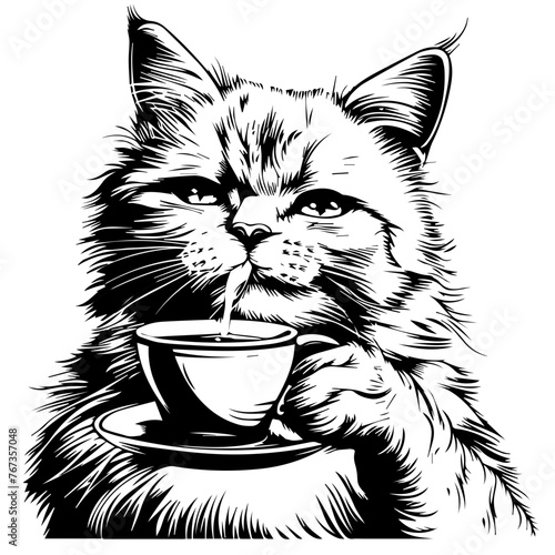 Cat with a Cup of Coffee Vector Illustration