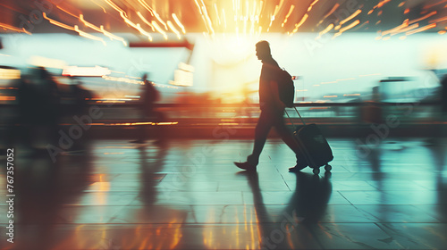 Traveler walking in airport with motion blur effect.
