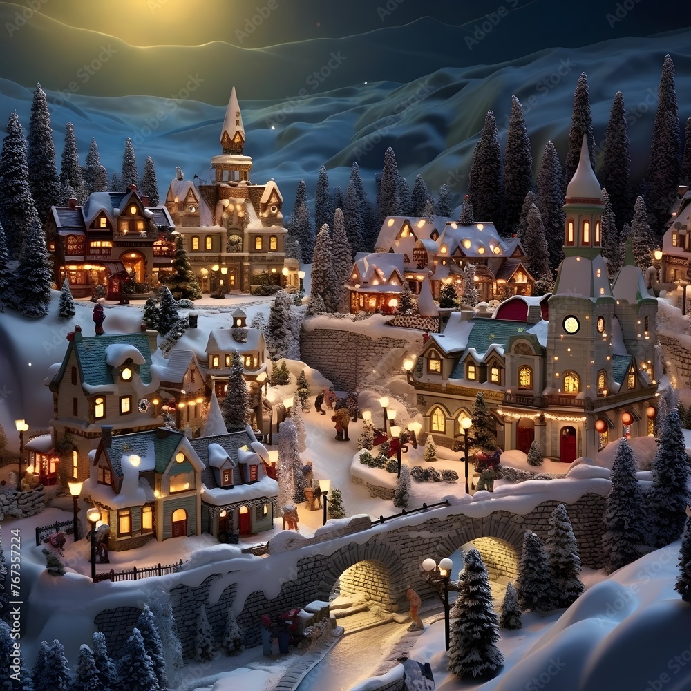 Christmas and New Year background with a Christmas village in the snow.