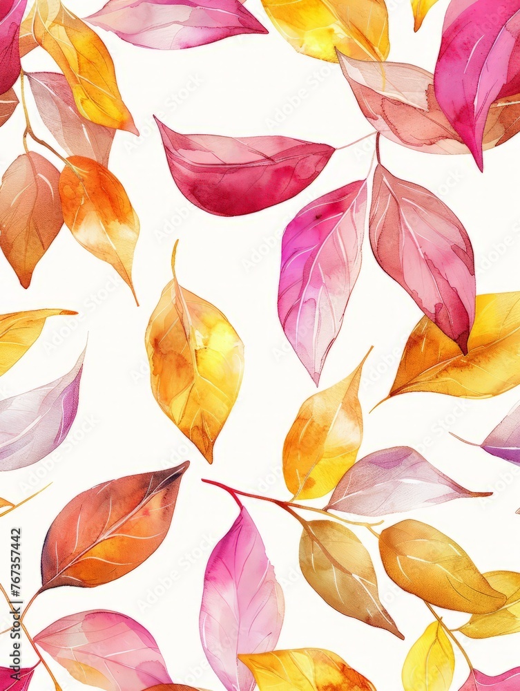 A cluster of vibrant leaves in various colors scattered across a clean white surface
