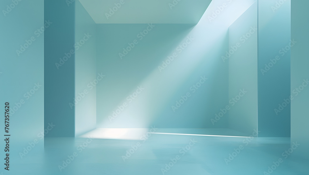 Obraz premium Minimal abstract light blue background for product presentation. Shadow and light from windows on plaster wall.