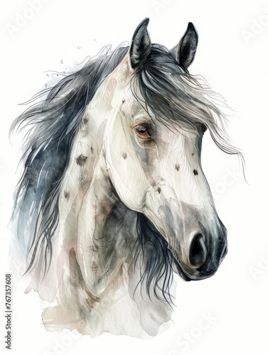 A painting featuring a white horse with striking black manes