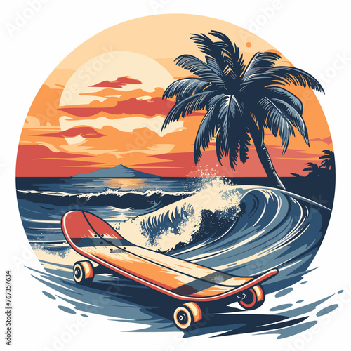 A red skateboard is on a wave in the ocean - funny situation, meme. The image has a tropical vibe with palm trees in the background photo