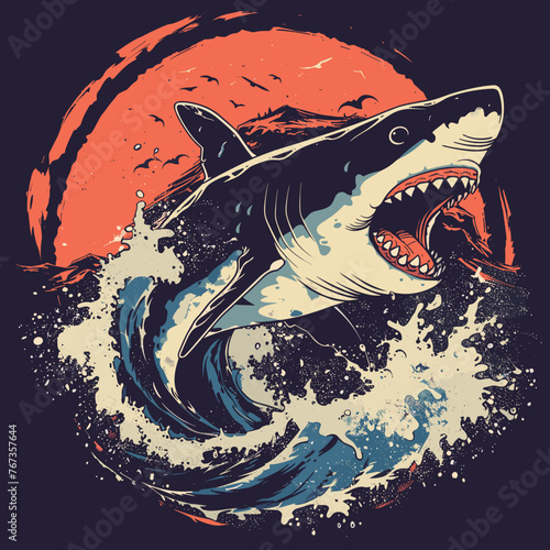 A shark is shown with its mouth open, surrounded by water and birds. The image has a mood of danger and excitement, as the shark is a powerful predator that can be both terrifying