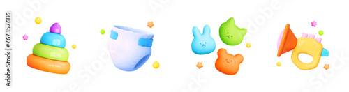 3d baby, kids toy and object icons. Diaper, pyramid, music toy, animal doll isolated. Cartoon vector illustration