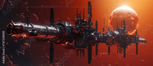 Futuristic space station orbits red dwarf star, surrounded by darkness and glowing lights in space.