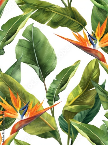 Painting featuring vibrant tropical leaves and flowers against a clean white background