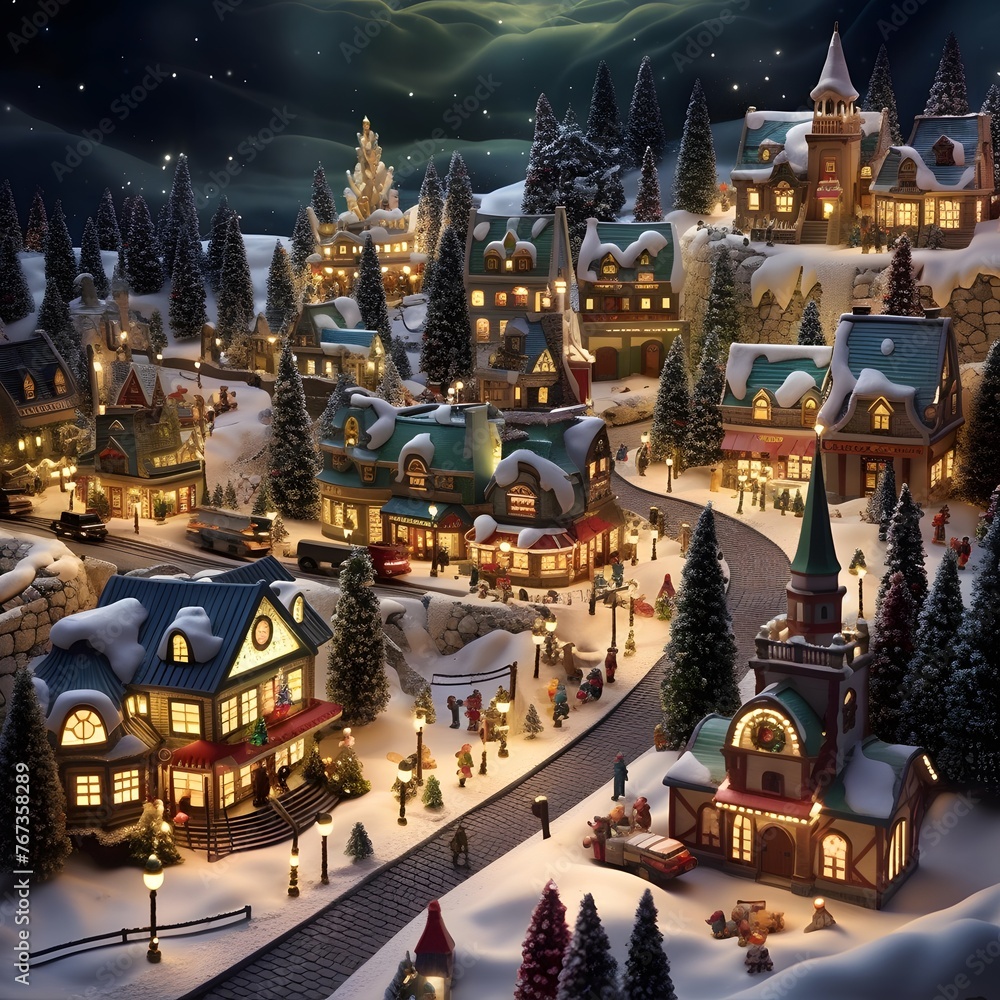 Christmas village with houses and christmas trees on a snowy background.