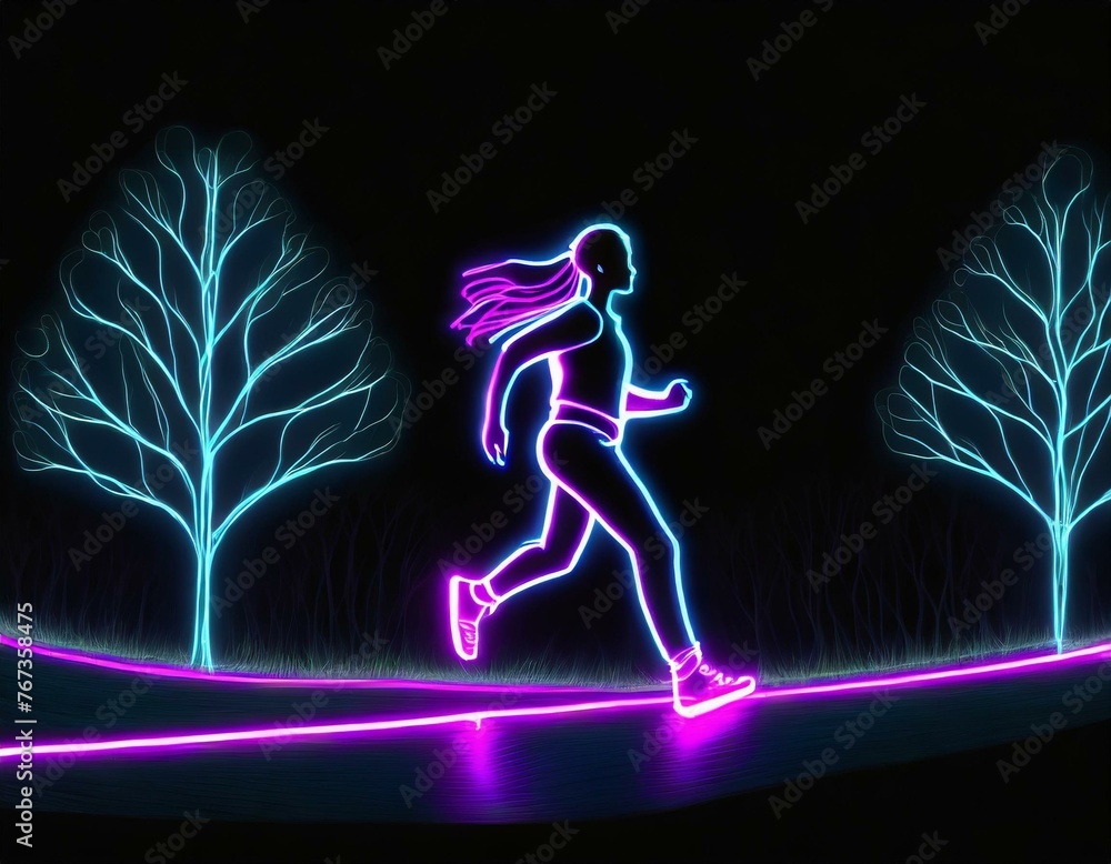 Neonowy rysunek biegnącej kobiety
 - obrazy, fototapety, plakaty 