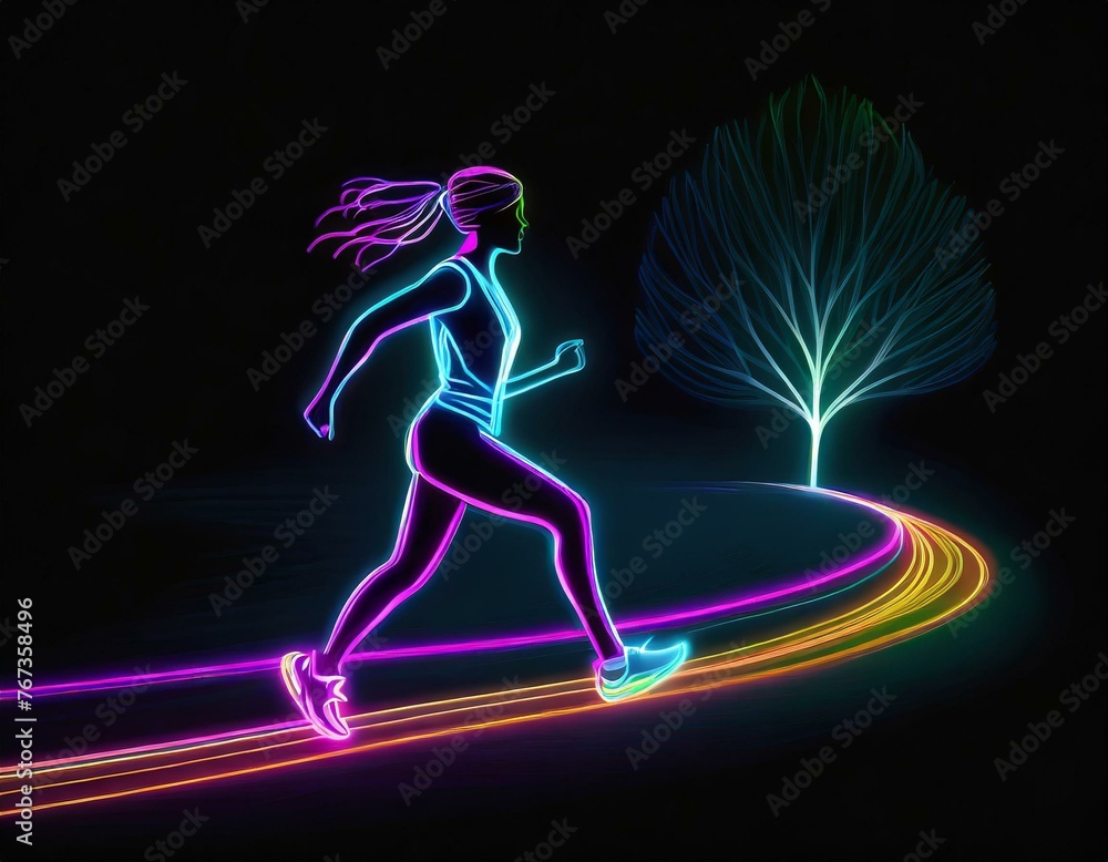Neonowy rysunek biegnącej kobiety - obrazy, fototapety, plakaty 