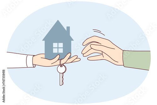 Hand of realtor with key to new apartment stretches model of house to buyer. Concept renting out building or buying your own real estate for investment and capital preservation. Flat vector design