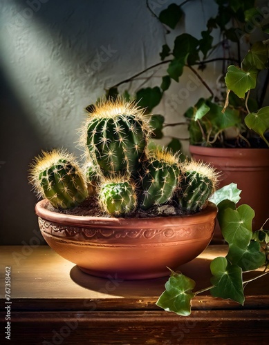 Kaktus rosnący w glinianej donicy. W tle bluszcz. Rośliny w domu photo