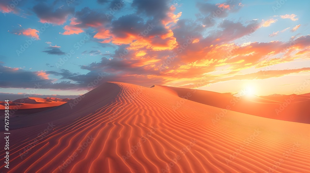 Picturesque desert landscape with a golden sunset over the dunes, Desert sunset, Ai Generated 