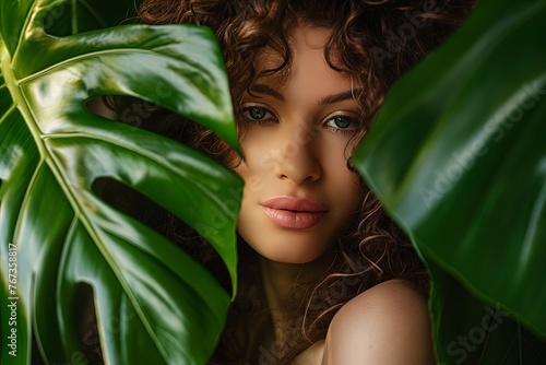 beautiful natural woman tropical portrait with monstera leaves