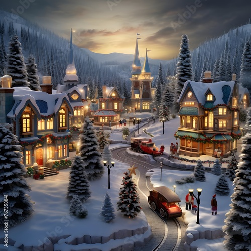 Winter village in the mountains. Christmas landscape. 3d rendering.