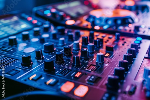DJ mixer close up, nightlife view of disco club, DJ mixing at night club party, entertainment and fest concept