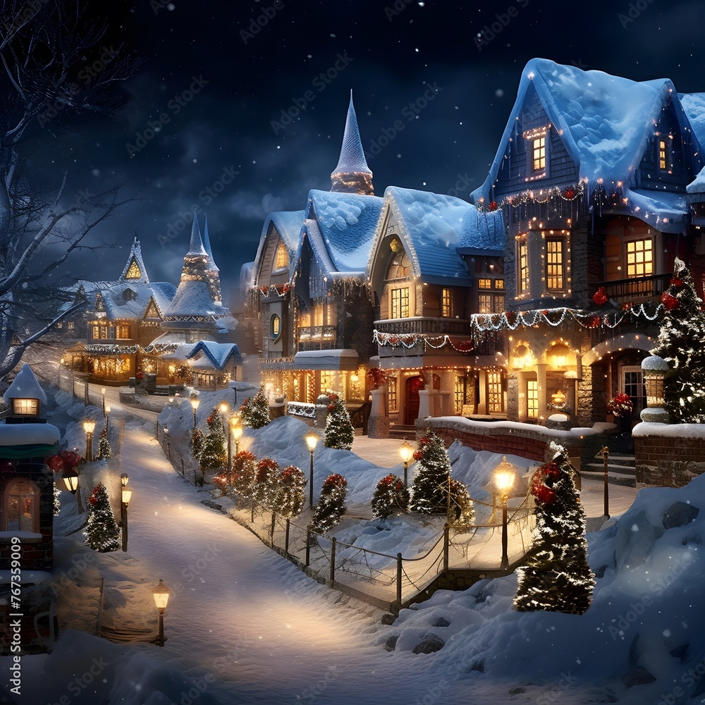 Winter Christmas and New Year holidays background with houses in the snow.
