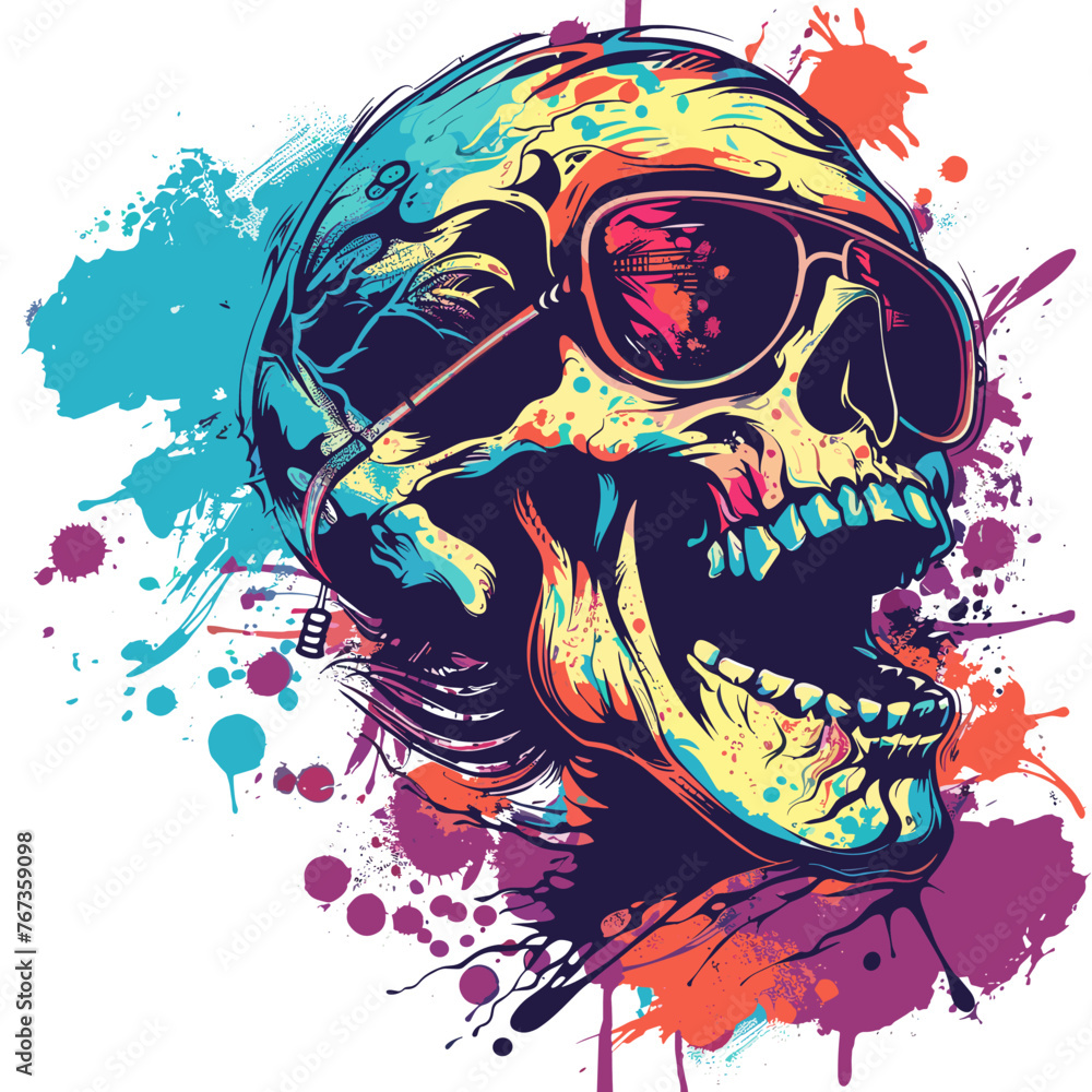 Grunge skull with sunglasses and colorful splashes. Vector illustration.