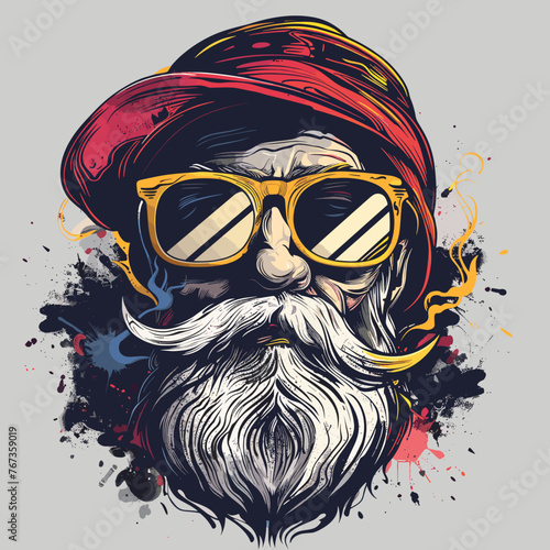 Bearded hipster with sunglasses and hat. Vector illustration. Grunge style