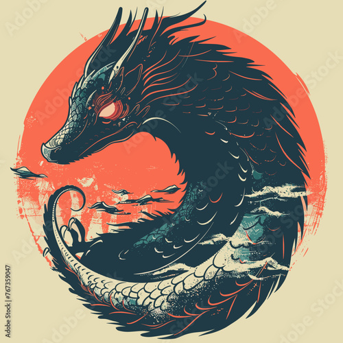 Dragon head on the background of the sun. Vector illustration in grunge style