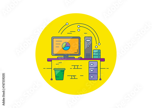 computer, monitor, trash can, office desk concept. office concept in a circle. computer, office concept for business