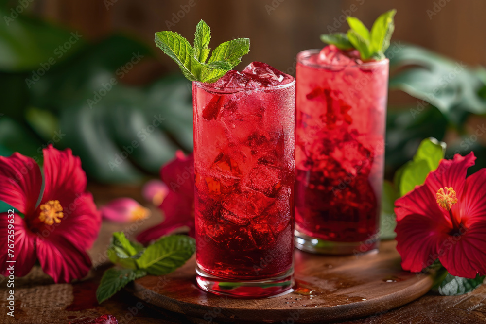 Red Soft Drink infused with hibiscus and Garnished with Mint Leaves, Concept of Trendy Unique Healthy Drink Red Soft Drink infused with hibiscus and Garnished with Mint Leaves, Concept of Trendy Unique Healthy Drink
