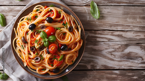 Traditional pasta alla puttanesca with anchovies tomato olives capers photo
