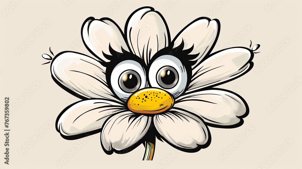 Cute and groovy daisy cartoon with eyes and a smile. The daisy is in a retro trippy style and is perfect for stickers. It's also a great representation of the hippie culture of the 60s and 70s.