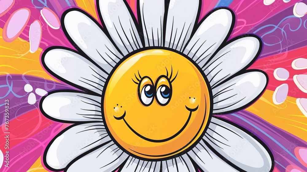 Cute and groovy daisy cartoon with eyes and a smile. The daisy is in a retro trippy style and is perfect for stickers. It's also a great representation of the hippie culture of the 60s and 70s.