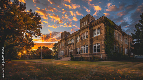 A historic school building at sunset the golden hour casting a warm glow on its façade.
